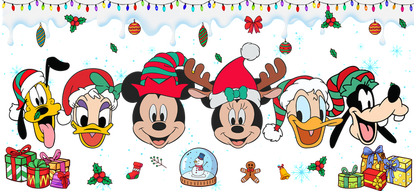 Celebrate the holiday spirit with this festive illustration featuring beloved Disney characters wearing fun Christmas hats and surrounded by presents!UV Transfersdtf regular iron