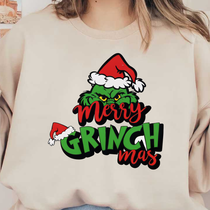 Celebrate the holidays with this fun "Merry Grinch Mas" sign featuring the iconic Grinch in a festive Santa hat!DTF Transfers heat press transfers