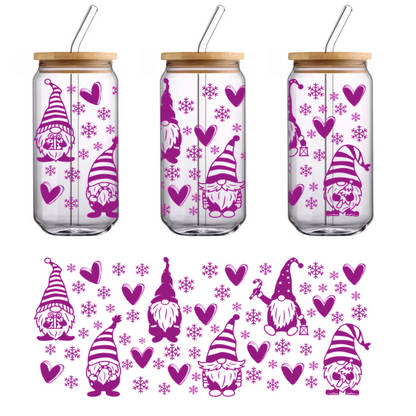 A whimsical collection of purple gnome illustrations surrounded by hearts and snowflakes, perfect for festive decorations.UV Transfersdtf regular iron