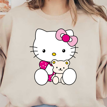 Adorable Hello Kitty cuddles a cute bear, showcasing her signature style with a pink polka dot dress and bow.DTF Transfers