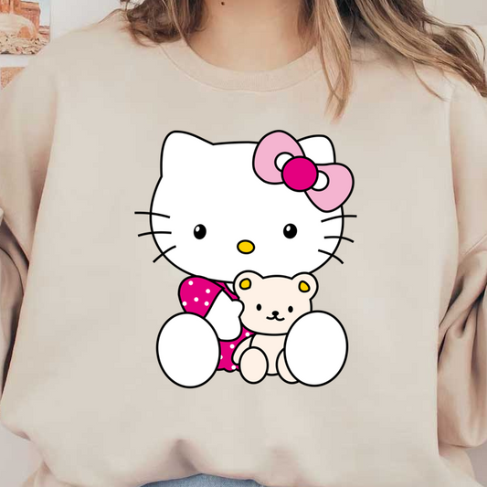 Adorable Hello Kitty cuddles a cute bear, showcasing her signature style with a pink polka dot dress and bow.DTF Transfers