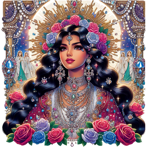 Una impresionante ilustración que presenta a una hermosa mujer adornada con elaboradas joyas, rodeada de rosas y figuras angelicales, irradiando elegancia.