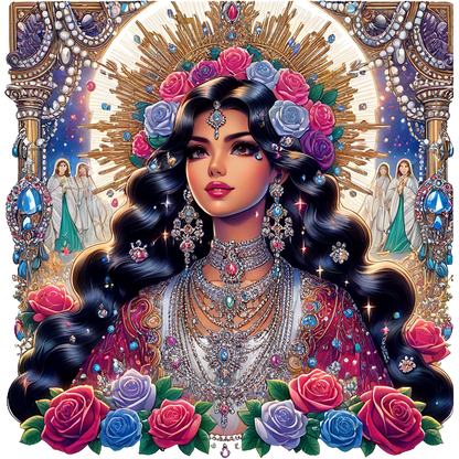 Una impresionante ilustración que presenta a una hermosa mujer adornada con elaboradas joyas, rodeada de rosas y figuras angelicales, irradiando elegancia.