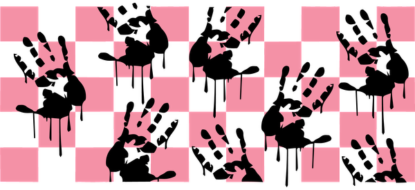 A playful design featuring black handprints with dripping details against a pink checkerboard background.UV Transfers heat press transfers