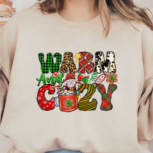 This festive design features the phrase "Warm and Cozy" with cheerful holiday motifs, including a jolly Santa and a decorated mug.DTF Transfersdtf regular iron