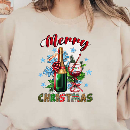 Festive Christmas design featuring a champagne bottle, a cocktail glass, and holiday decorations with a cheerful message. dtf prints