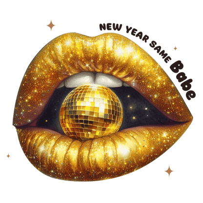 A vibrant illustration featuring sparkling gold lips holding a disco ball, with "New Year Same Babe" text adding flair!DTF Transfers