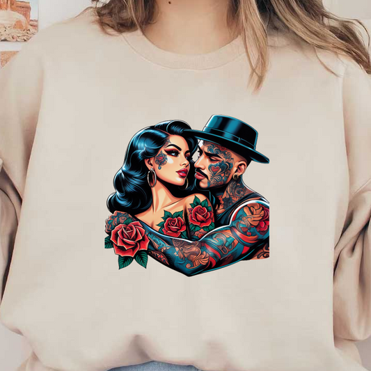 A vibrant tattoo artwork featuring a stylish couple, adorned with detailed body art and roses, exuding a passionate connection.DTF Transfers dtf prints