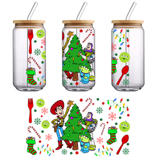 Celebrate the holidays with Woody, Buzz Lightyear, and the cute aliens, decorating a festive Christmas tree surrounded by colorful ornaments and candy canes!UV Transfers heat press transfers