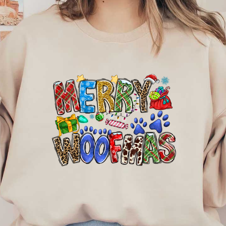 Celebrate the festive season with this colorful "Merry Woofmas" design featuring playful lettering and fun holiday icons!DTF Transfers heat press transfers