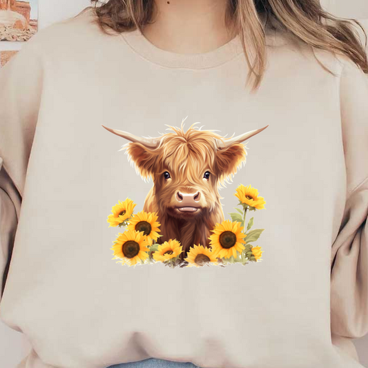 A charming Highland cow with fluffy golden hair peeks through a vibrant display of sunflowers, radiating warmth and joy. dtf prints