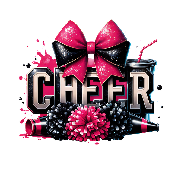 Cheerful graphic featuring a bold "CHEER" text surrounded by colorful pom-poms, a vibrant bow, and a drink.DTF Transfersdtf regular iron