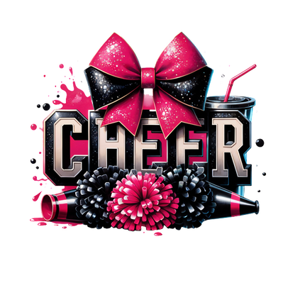 Cheerful graphic featuring a bold "CHEER" text surrounded by colorful pom-poms, a vibrant bow, and a drink.DTF Transfersdtf regular iron