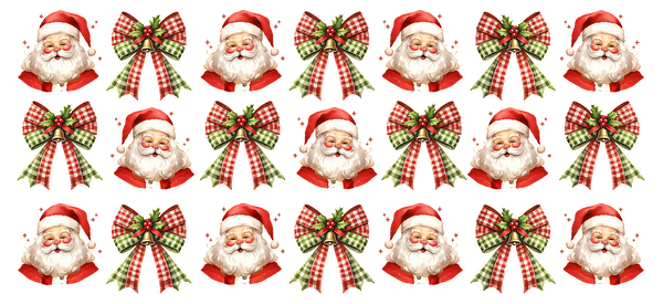 A cheerful pattern featuring Santa Claus faces and festive bows in red and green, perfect for holiday decorations.UV Transfers heat press transfers