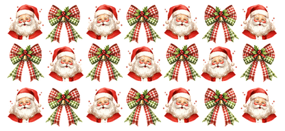 A cheerful pattern featuring Santa Claus faces and festive bows in red and green, perfect for holiday decorations.UV Transfers heat press transfers