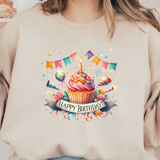 A festive birthday cupcake topped with pink frosting and a candle, surrounded by colorful banners and confetti, exuding cheerful vibes.DTF Transfers