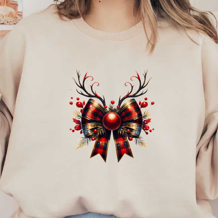 A festive Christmas decoration featuring a large red and black plaid bow, adorned with berries, foliage, and antler accents. dtf prints