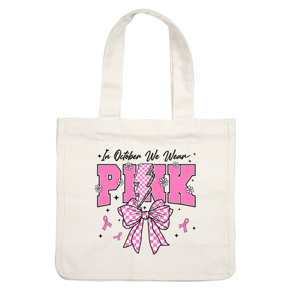 A vibrant graphic featuring the word "PINK" with a checkered lightning bolt, surrounded by flowers and a large bow. heat press transfers