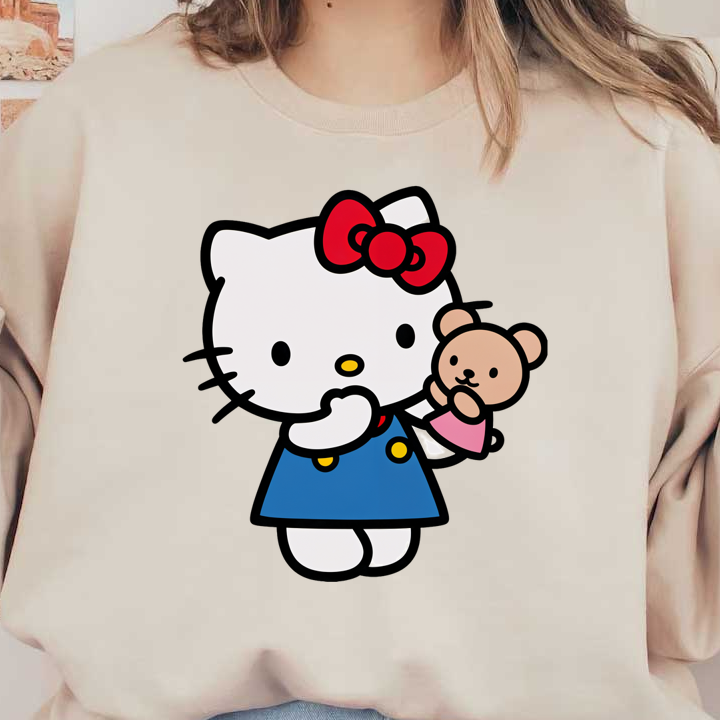 Hello Kitty is charmingly styled in a blue dress and red bow, gently holding her adorable teddy bear.DTF Transfers heat press transfers