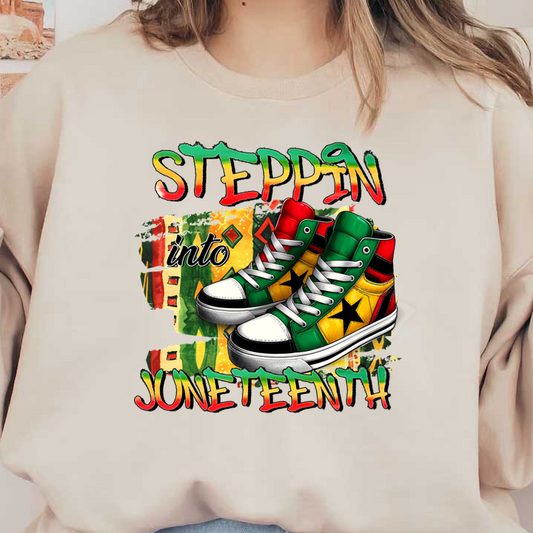 Celebrate Juneteenth with vibrant, high-top sneakers featuring red, green, and yellow colors and a star design. dtf prints