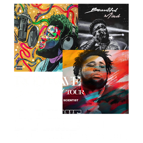 Collage showcasing Rod Wave's "Beautiful Mind" album, featuring vibrant artwork and promotional details for his upcoming tour.DTF Transfers dtf transfers