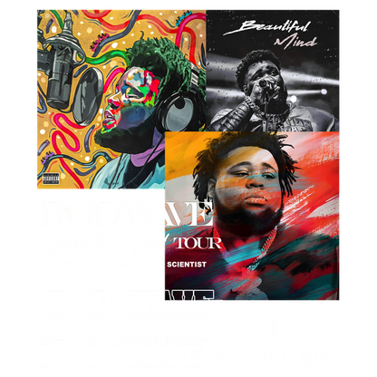 Collage showcasing Rod Wave's "Beautiful Mind" album, featuring vibrant artwork and promotional details for his upcoming tour.DTF Transfers dtf transfers