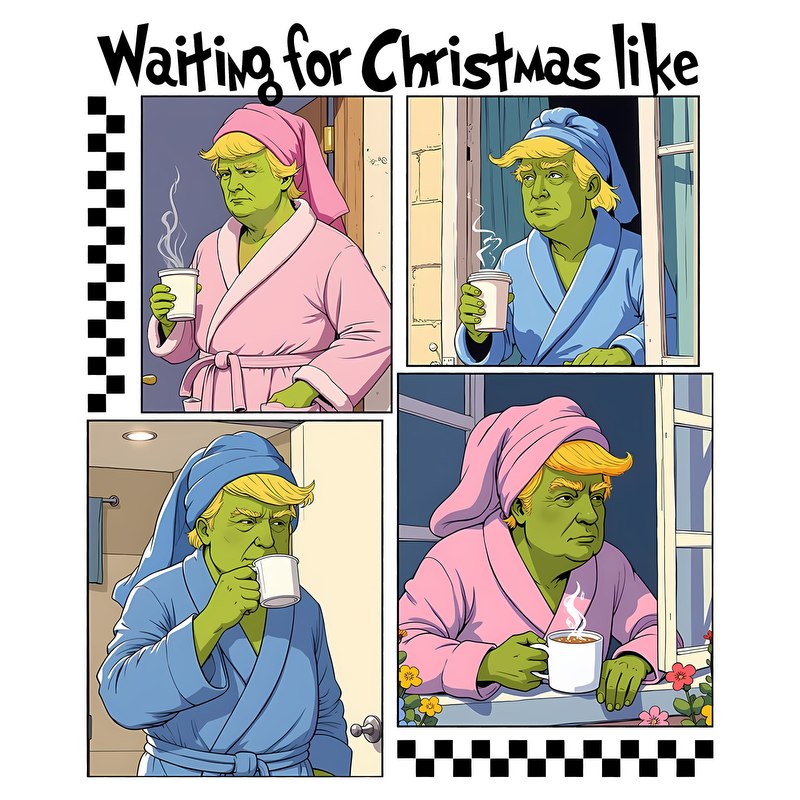 A playful comic-style illustration depicting a character in colorful robes waiting for Christmas, enjoying warm beverages in various cozy settings.DTF Transfers heat press transfers heat press transfers