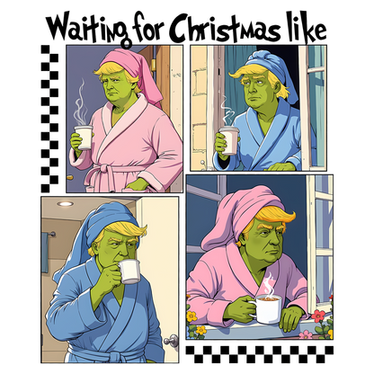 A playful comic-style illustration depicting a character in colorful robes waiting for Christmas, enjoying warm beverages in various cozy settings.DTF Transfers heat press transfers heat press transfers