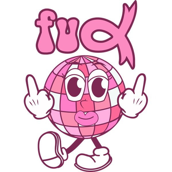 A playful pink disco ball character flashing a peace sign with the text "fuα" above, exuding fun and attitude. dtf transfers