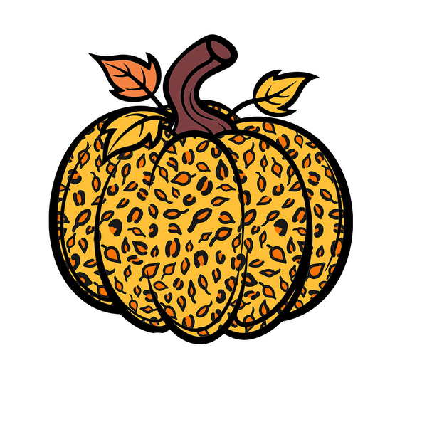 A whimsical, leopard-patterned pumpkin adorned with vibrant leaves, perfect for a playful touch to autumn decorations. heat press transfers