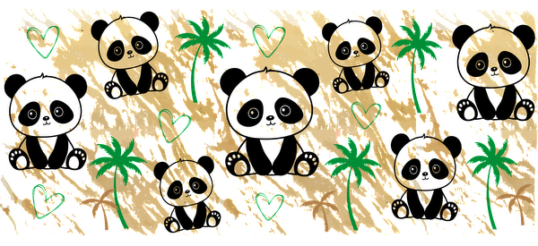 A whimsical illustration featuring adorable pandas surrounded by palm trees and playful hearts, perfect for nature lovers!UV Transfers dtf prints