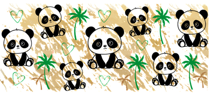 A whimsical illustration featuring adorable pandas surrounded by palm trees and playful hearts, perfect for nature lovers!UV Transfers dtf prints