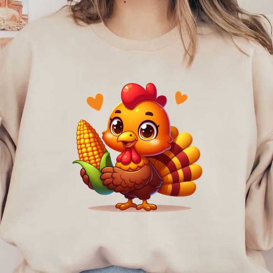 A cheerful, cartoon-style turkey holds a bright ear of corn, surrounded by playful hearts, showcasing a fun harvest theme. dtf prints