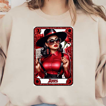 Esta llamativa ilustración presenta a una mujer de moda con una camisa roja y accesorios elegantes, rodeada de rosas, que representan a Aries.