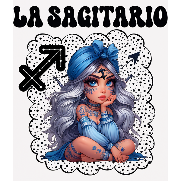 Una ilustración caprichosa de un personaje Sagitario con cabello largo plateado, adornado en azul, con tatuajes y símbolos astrológicos.