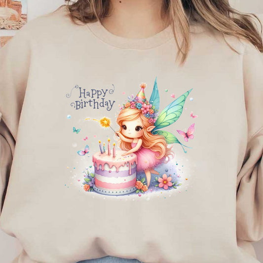 A whimsical fairy in a festive pink dress celebrates a birthday with a colorful cake, sparkling candles, and vibrant butterflies.DTF Transfers