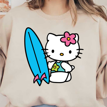 Hello Kitty is ready for fun in the sun, sporting a colorful swimsuit and holding a bright blue surfboard!DTF Transfers