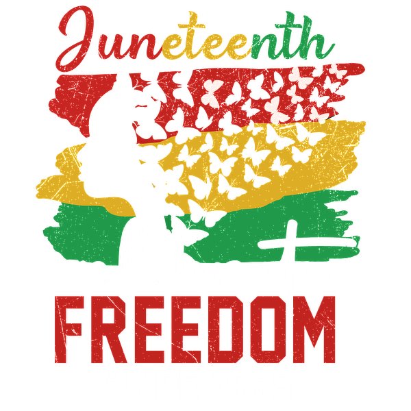 A vibrant graphic celebrating Juneteenth, featuring bold colors and butterflies with the message "Celebrate Freedom Since 1865." heat press transfers