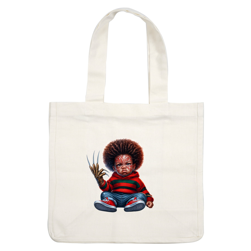 Una representación lúdica de un niño con peinado afro, vestido con un suéter de rayas rojas y verdes y guantes con garras metálicas.