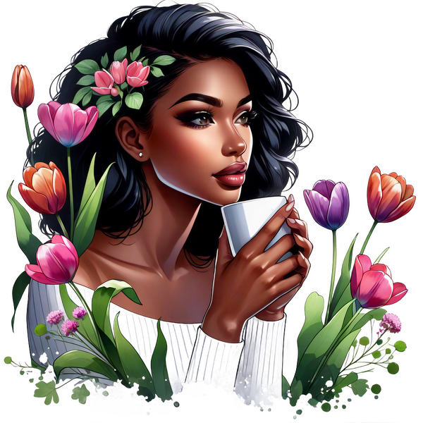 Una mujer serena con cabello rizado sostiene una taza, rodeada de flores vibrantes, que exudan elegancia y tranquilidad.