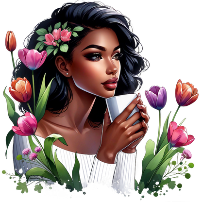 Una mujer serena con cabello rizado sostiene una taza, rodeada de flores vibrantes, que exudan elegancia y tranquilidad.