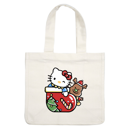 This adorable illustration features Hello Kitty and a cheerful reindeer in a festive red stocking, decorated with a Christmas tree and candy cane.DTF Transfers