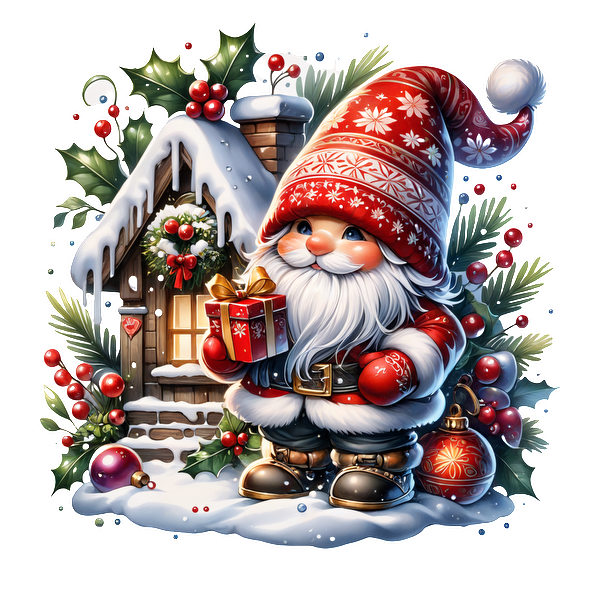 A jolly Santa Claus in a vibrant red outfit stands near a cozy, snow-covered cottage, holding a beautifully wrapped gift.DTF Transfersdtf regular iron