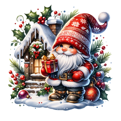 A jolly Santa Claus in a vibrant red outfit stands near a cozy, snow-covered cottage, holding a beautifully wrapped gift.DTF Transfersdtf regular iron