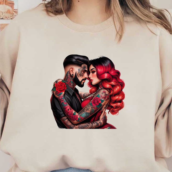A striking couple embraces, showcasing vibrant tattoos adorned with roses, highlighting their artistic styles and passionate connection.DTF Transfers dtf transfers