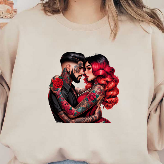 A striking couple embraces, showcasing vibrant tattoos adorned with roses, highlighting their artistic styles and passionate connection.DTF Transfers dtf transfers