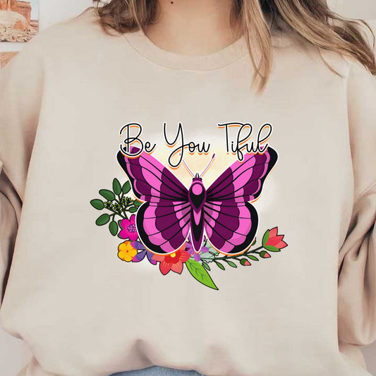 Abraza tu singularidad con este vibrante diseño de mariposa morada adornado con flores coloridas y el mensaje inspirador "Sé feliz".