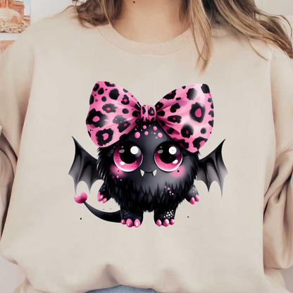 Este lindo murciélago de estilo chibi tiene un pelaje negro esponjoso, ojos grandes y expresivos y un lazo con estampado de leopardo rosa vibrante.