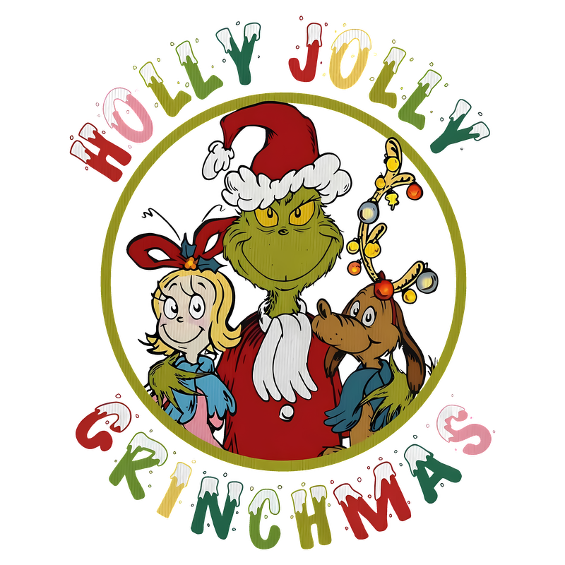 Celebrate the holiday spirit with the Grinch and friends in this colorful "Holly Jolly Grinchmas" graphic design.DTF Transfers dtf transfers