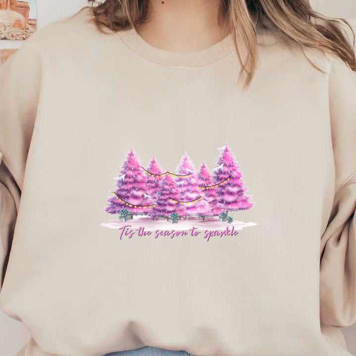 A festive illustration featuring pink Christmas trees adorned with lights and surrounded by wrapped gifts, celebrating the holiday spirit. dtf prints